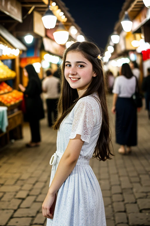 dark atmosphere, big striking blue eyes, naughty smile, pretty and cute 15 year old girl, pale white skin, rosy cheeks, long messy dark hair,look innocent and beautiful, old dress, Damascus market at night