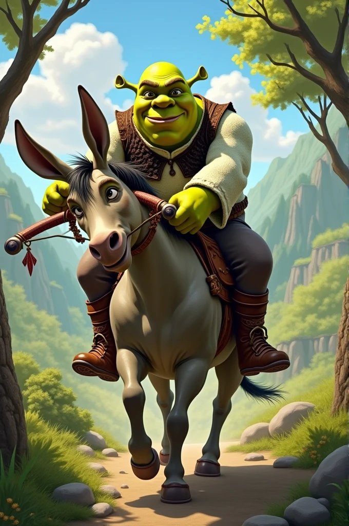 Make Shrek riding Shrek's donkey with Shrek using a Juliet