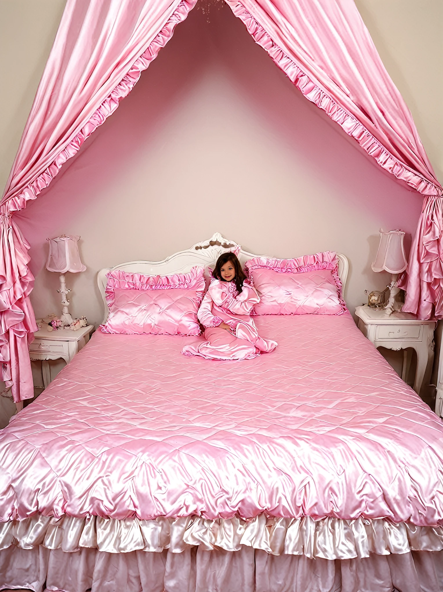 A sissy girl of10 , a plump quilted silk satin nightgown, long sleeves,frilled sleeves,children's mittens without fingers, a bed with a mountain of silk satin pillows,sissy canopy bed,king size bed,more big bed,lot of frilled pink pillows,more pillows, A plump qulited silk satin pink devet,ruffles lace silk.retro white pipe bed frame, A large silk satin ruffled duvet covers the entire bed, 