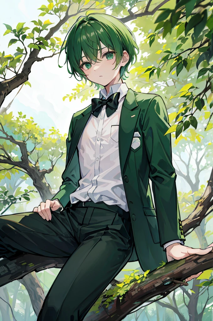 sitting on a high branch of a tree with green leaves、With short green hair、wearing a green suit jacket, a white shirt and black trousers.、He is wearing a black bow tie、Wearing brown boots、youth、
