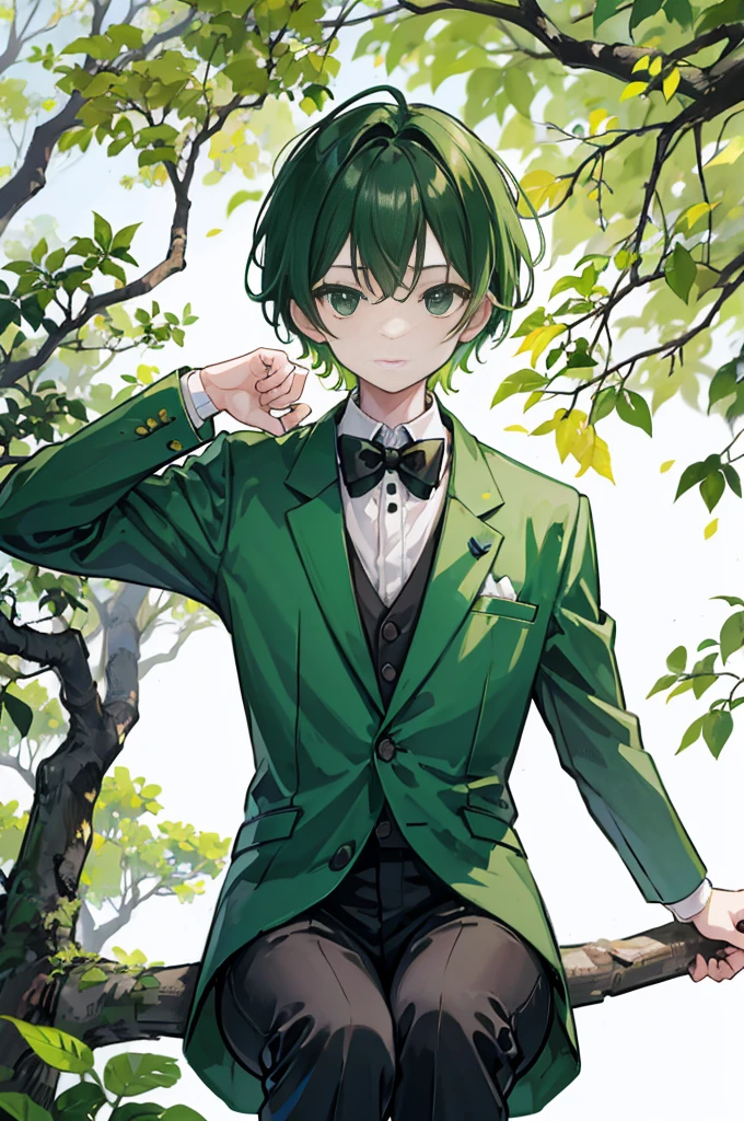 sitting on a high branch of a tree with green leaves、With short green hair、wearing a green suit jacket, a white shirt and black trousers.、He is wearing a black bow tie、Wearing brown boots、youth、