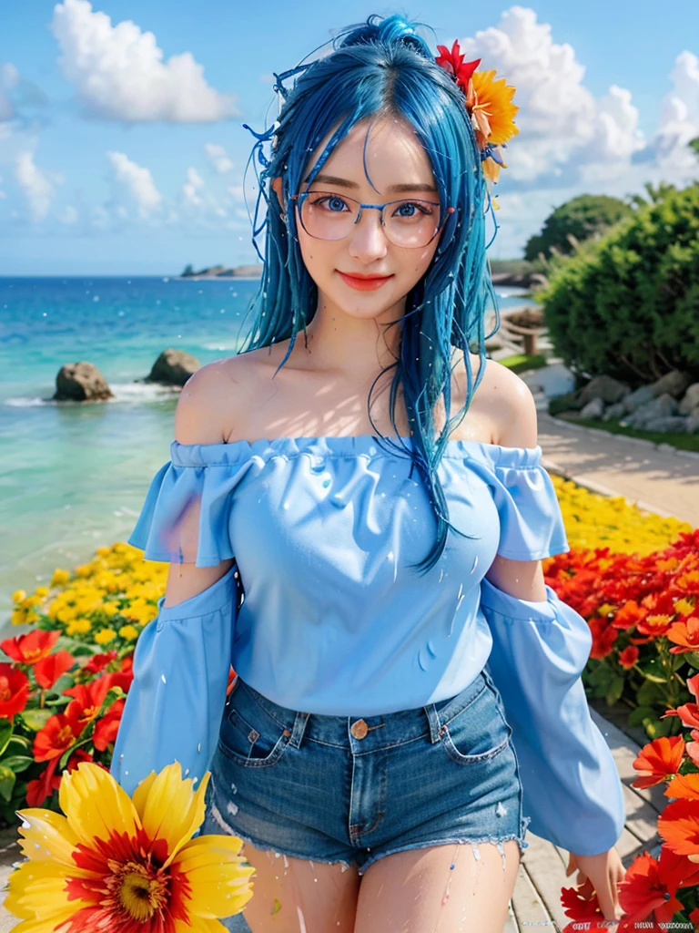 (national foundation),(((off-the-shoulder shirts))),masterpiece, (masterpiece, best quality, high resolution), Anime Wind, Colorful background, acrylic paint, ((splash of color, splash ink, splash of color)), best quality, 1 girl, (rich and colorful),(Exquisite eyes and face), Red Half-rimmed Glasses,wear glasses,huge ,Volumetric light, Ray tracing, Half-length photo ,Extremely detailed CG unified 8k wallpaper,alone,Smile,((Fly petals)),fantasy, wind, magic sparks, blue hair,semi long hair,Blue eyes