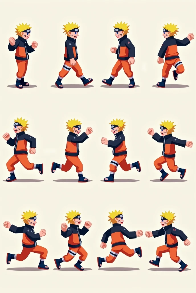 create 12 pixel art sprites of the naruto character, 4 poses front, back, left and right, 2 poses running to each side of these 4 poses