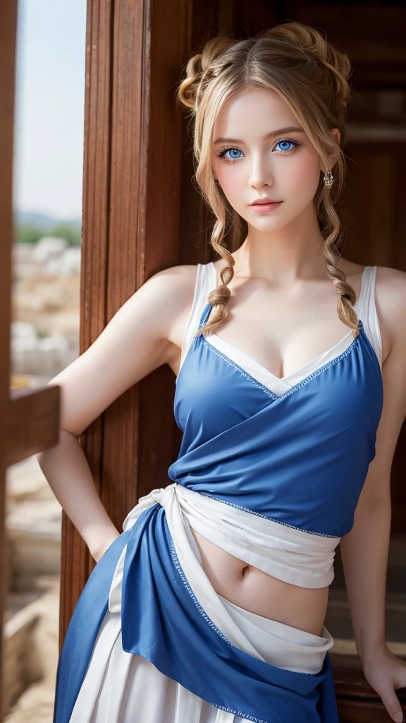 "A beautiful woman with porcelain skin and blue eyes, wearing a classic Greek toga."