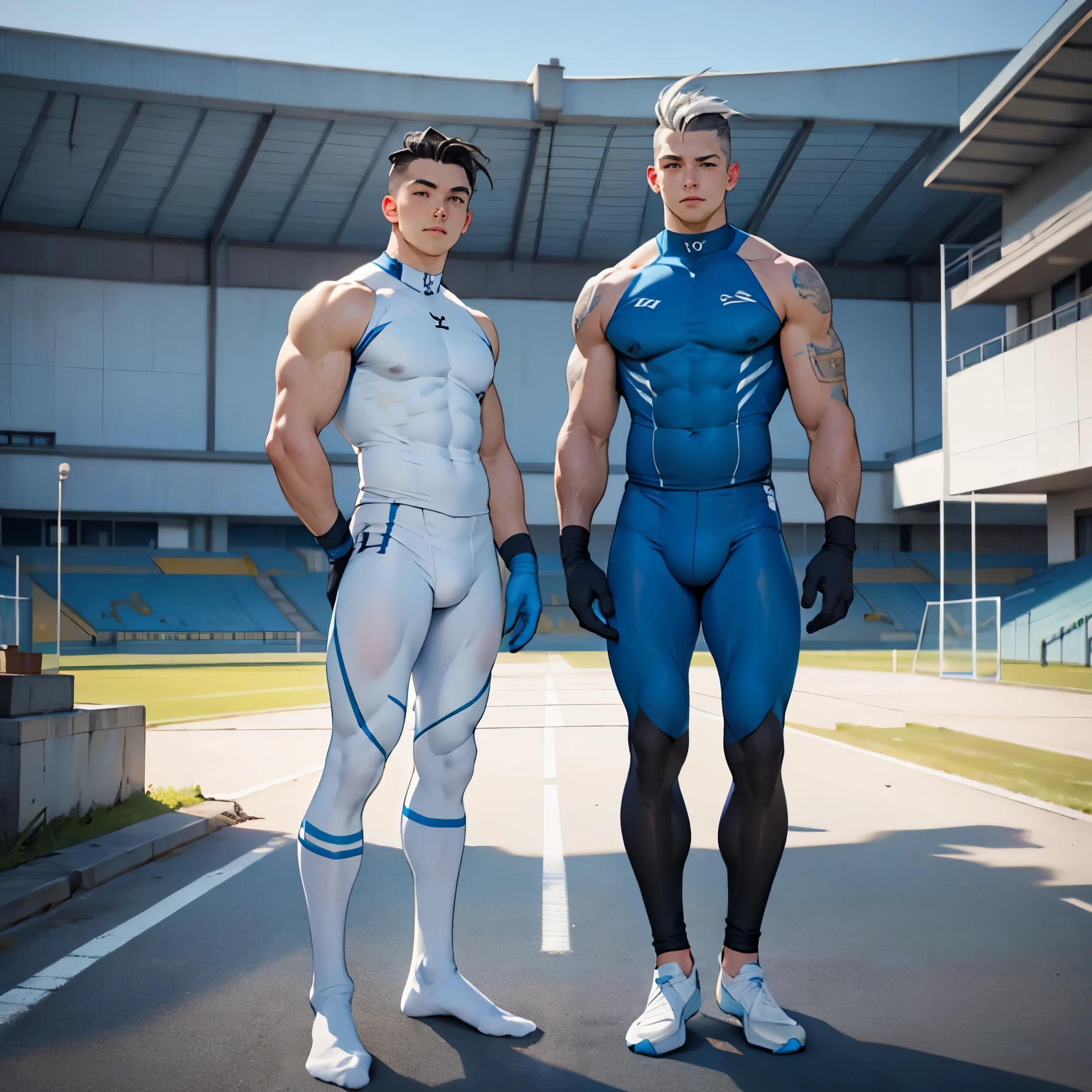 full view full body, two different young over-muscular white college boys with undercut haircuts, wearing pale-blue lycra sport tights, pale blue lycra socks, no shoes , standing posing for a photo , embraced, on football yard, their pale-blue socks must be seen