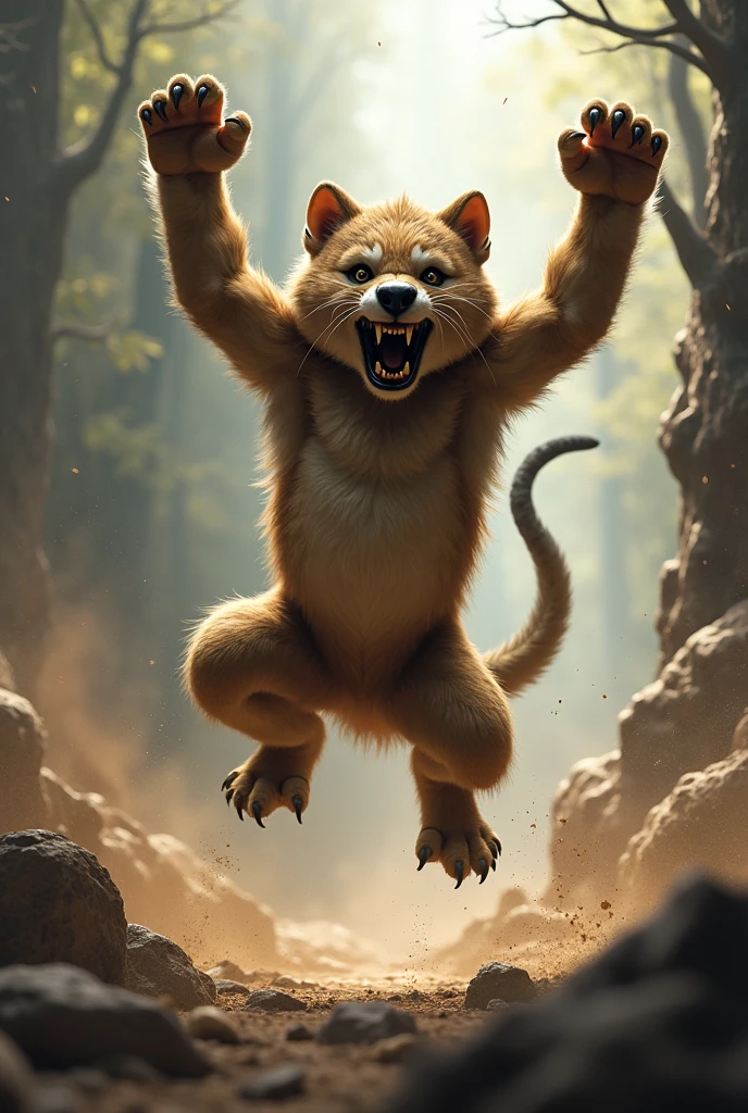 A young wild beast is taking on a challenge, jumping with both hands raised in the air, becoming ferocious and having a scary face
