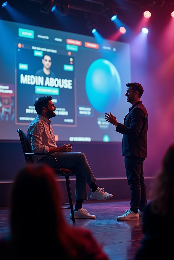 a stage where modern-day instagram memes and jokes are presented, an interviewer questions an interviewee, both are standing and laughing, and an audience laughing, humourous and casual environment, memes presented on indian politics, western culture, etc, audience visible, memes visible