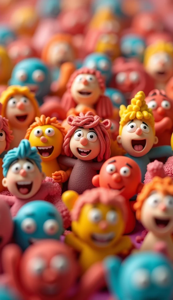 a lot of plasticine human characters. They are all happy and looking cool. The entire frame is filled with plasticine characters. One is happy and raises his hands, another with a modern stylish hairstyle, another shows a "cool" gesture. Reference style: