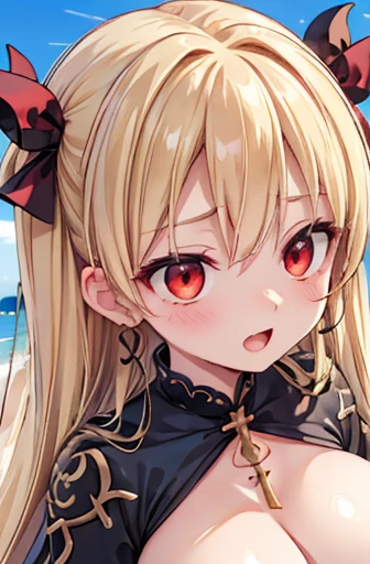 Ereshkigal, Ereshkigal, blonde, Hair bow, Hoop Earrings, Long Hair, Parted bangs, (Red eyes:1.5), bow, Looking at the audience, Highest quality, High resolution, unity 8k wallpaper, (shape:0.8), (Beautiful attention to detail:1.6), Highly detailed face, Perfect lighting, Extremely detailed CG, (Perfect hands, Perfect Anatomy),Naughty big、Big breasts attention、Laughter,Completely naked、Nipples、alone、Bare neck、(blue sky:1.3),outside of home
