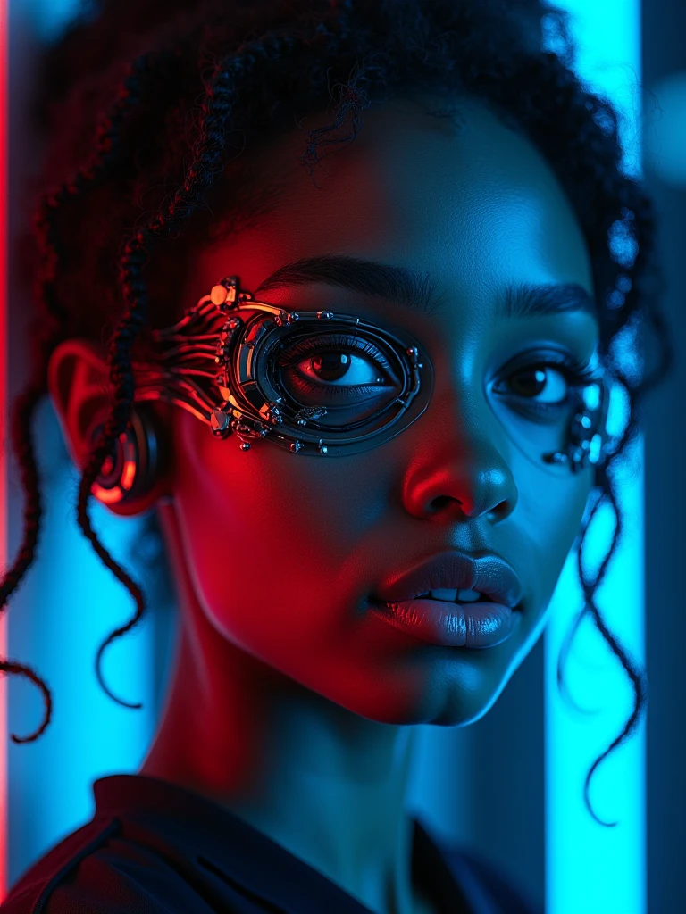 Front view of a young black college woman, with half her face human and the other half robotic, illuminated by blue and red neon lights.