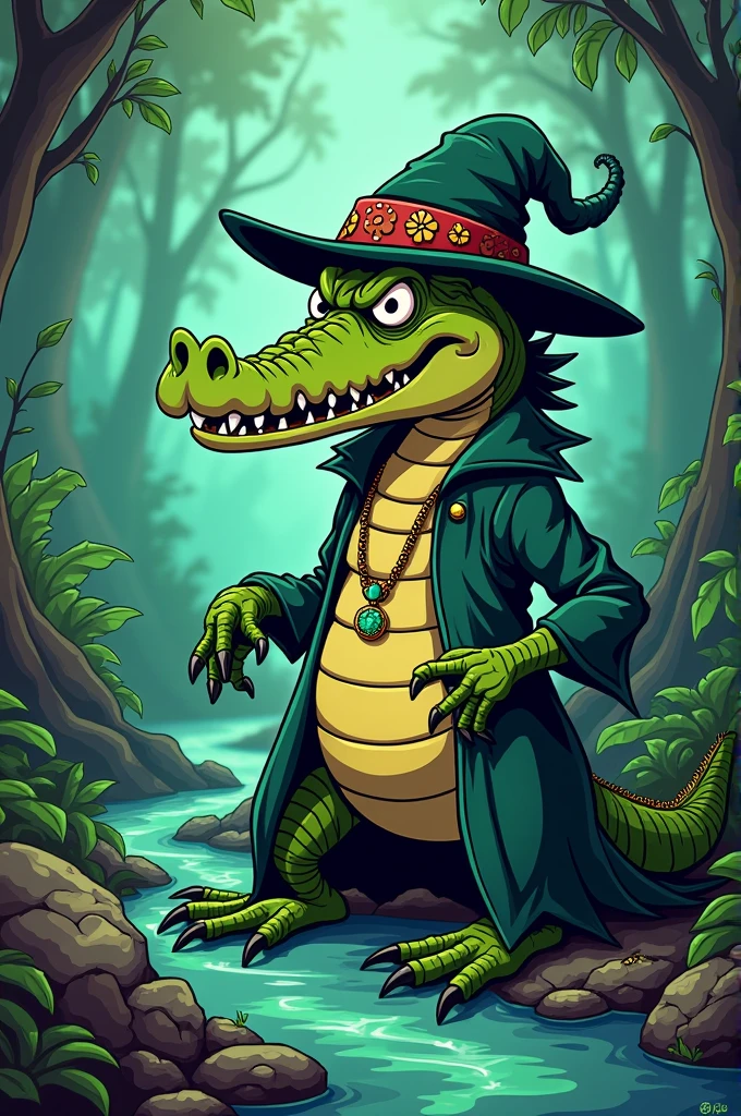 I need a picture of Cuca as a cartoon , character from Brazilian folklore, the cuca is an alligator and a witch, a villainous character in the story 