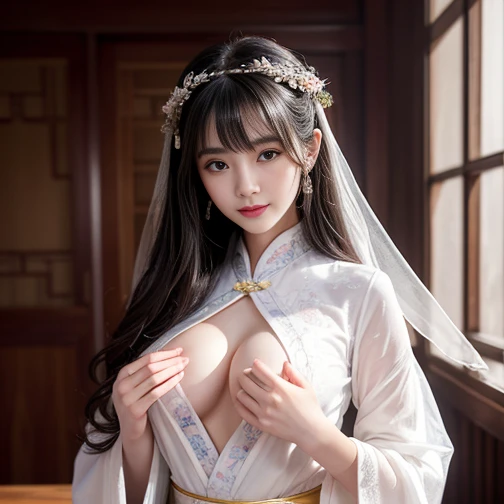 best quality, Delicate face，beautiful visual work, lifelike, eternity, black hair, Long curly hair, blunt bangs, Smile, Detailed Background, Delicate face，blush，cold，((masterpiece))、(top quality)、8k、high detail、Super detailed，21 years old female，身穿唐制Hanfu、waist skirt, Clothes are light and fluffy，Hanfu, wide sleeves, Transparent sleeves, Tunic, Clothes made of chiffon, masterpiece、born、Scenes resembling fairy tale illustrations、intricate details和複雜的設計、Beautifully、magic、capricious、 Beautifully、Dream aesthetics、「𝓡𝓸𝓶𝓪𝓷𝓽𝓲𝓬、ethereal、charming、le、magic」、realism、Visual effects、FXAA、SSAO、Shader、voiceless、ambient lighting、Tone mapping、High resolution、Ultra high quality、Million pixels、(8K resolution:1.10)、8k、8k以下、8K resolution、high detail、intricate details， (high quality:1.2、masterpiece:1.2、:1.21)、(21 years old female:1.21)、(興奮地Smile)、(被dream般的氛圍所包圍、Model diagram，full-body shot，Normal 2 feet，Put your hands behind you，The protrusion of the breavisible when wearing clothes, Large Breasts, Hest, antiquity, Xian Xia, gauze clothes, Soft and fluttering, Fairy, dream, fantasy, light, Elegant, nature, Immortal, romantic, classical, ribbon,Chinese style, The background is Chinese architecture
