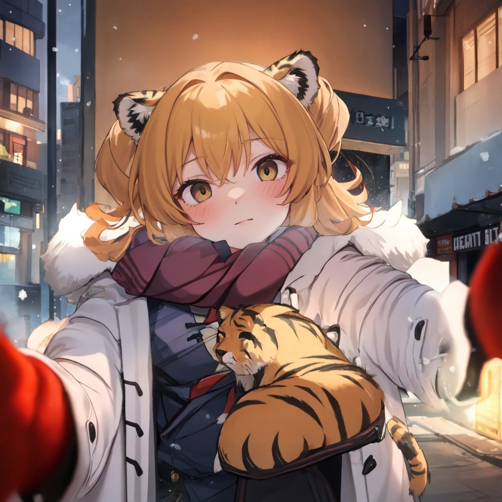 (pov cheek warming:1.2),solo,looking at viewer,1girl, yellow hair, black eyes, tiger girl,open jacket,cloudy day,mount,winter night, street, scarf,