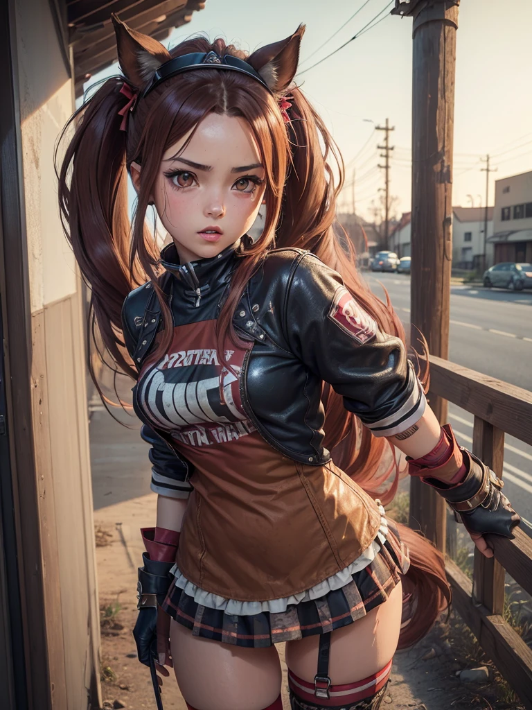 ((best quality)) , ((masterpiece)) , (detailed),daiwa scarlet (umamusume), umamusume, 1girl, solo, long hair, looking at viewer, brown hair, red eyes, thighhighs, gloves, animal ears, twintails, very long hair, tail, outdoors, sky, hair intakes, horse ears, tiara, horse girl, horse tail，((Grunge style ， Textured, distressed, vintage, edgy, punk rock vibe, dirty, noisy))