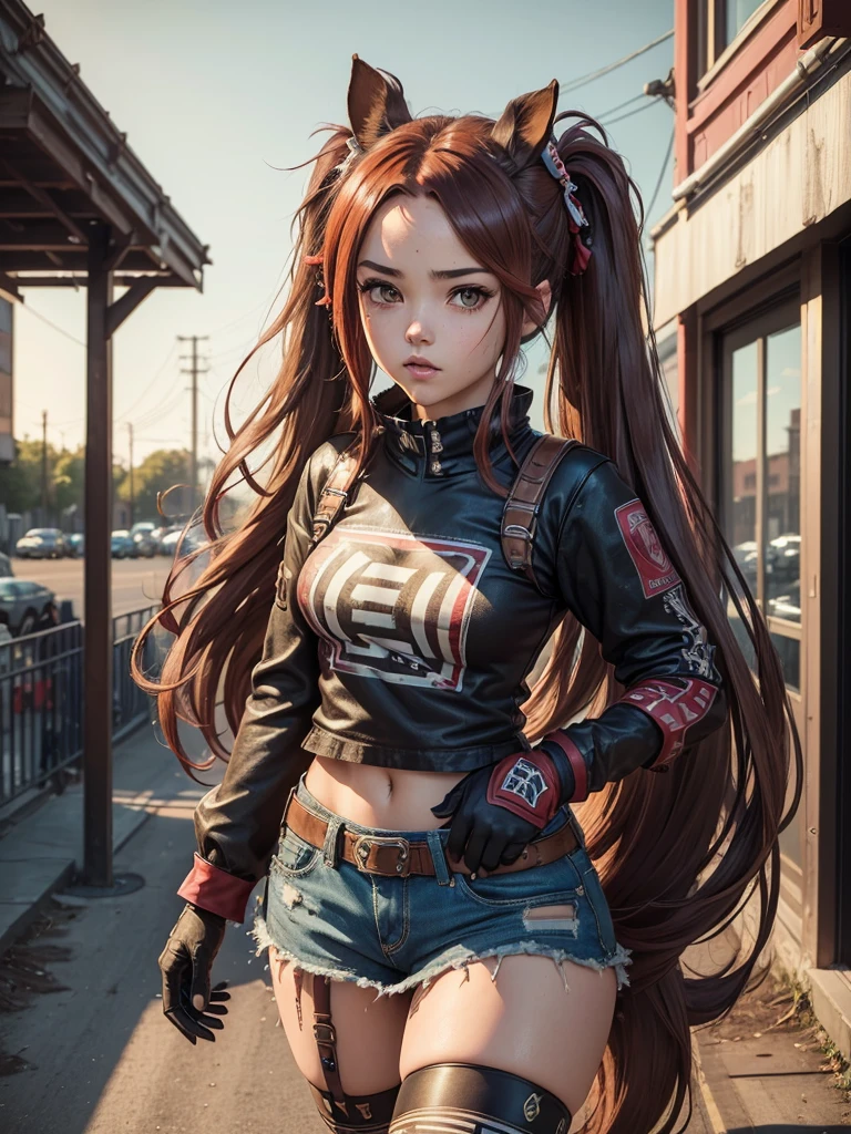((best quality)) , ((masterpiece)) , (detailed),daiwa scarlet (umamusume), umamusume, 1girl, solo, long hair, looking at viewer, brown hair, red eyes, thighhighs, gloves, animal ears, twintails, very long hair, tail, outdoors, sky, hair intakes, horse ears, tiara, horse girl, horse tail,((Grunge style , Textured, distressed, vintage, edgy, punk rock vibe, dirty, noisy))
