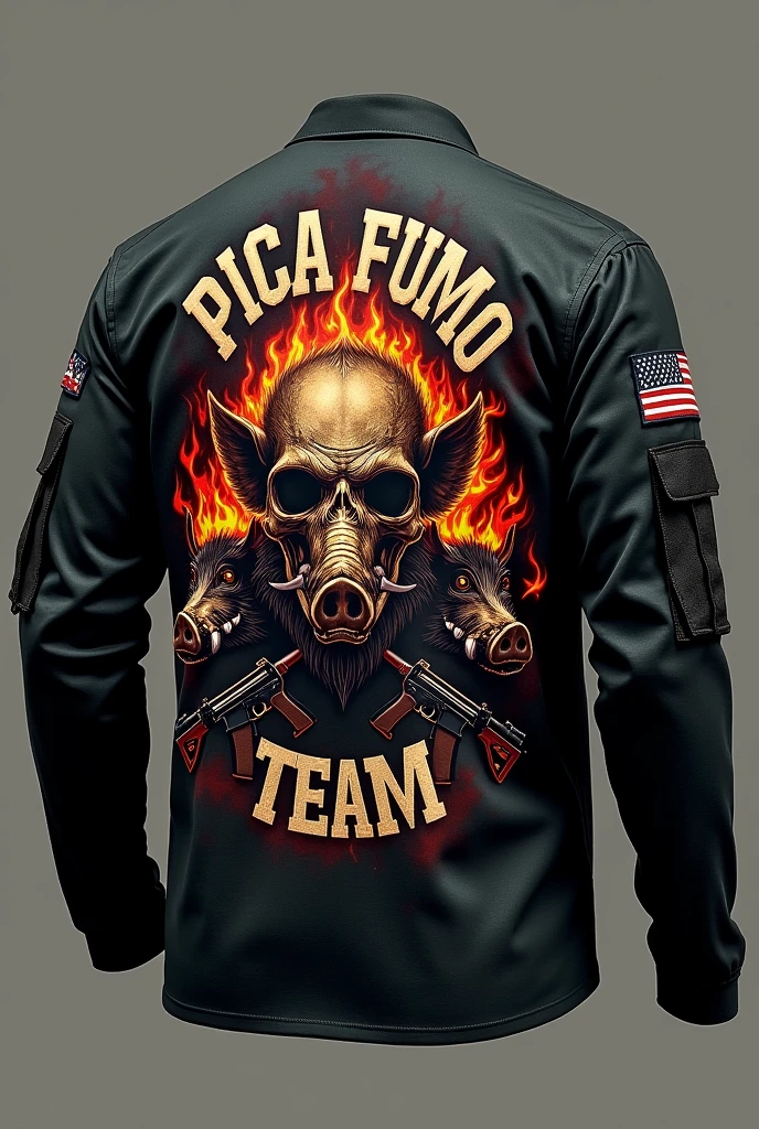 CREATE A LONG SLEEVE MILITARY SHIRT PATTERN , WITH A LOGO OF A SKULL WITH FIRE OF A SCARY BOAR WITH IMAGES OF 556 RIFLES AND AMMUNITION WRITTEN ON IT "PICA FUMO TEAM " MORE MILITARY 







