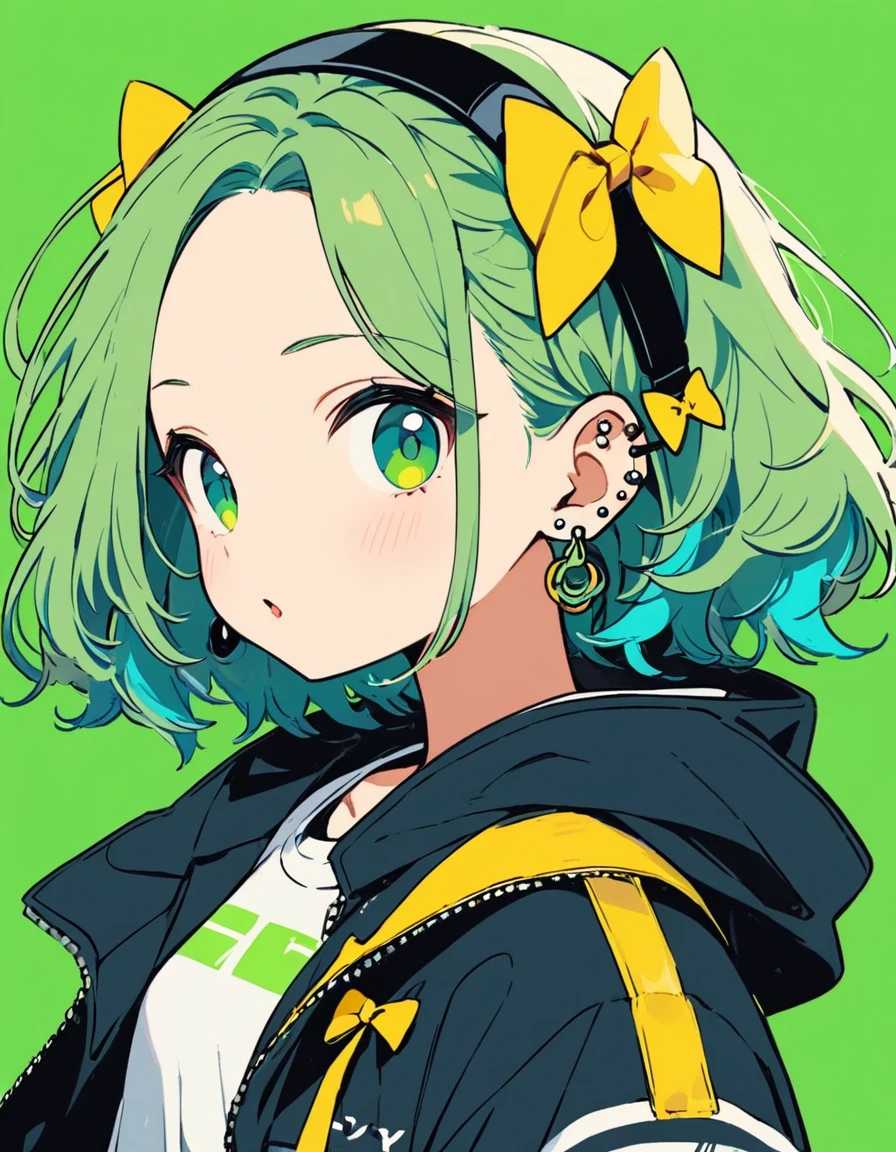 (masterpieces), (best quality), (ultra_detailed), more_details:1.5, perfect, AddNet Weight 1:1.0, Boldline,Weight 1:1.0, masterpiece, best quality, highres, alone, 1girl, solo,
1girl, solo, looking at viewer, simple background, bow, jewelry, closed mouth, green eyes, jacket, upper body, hair bow, hairband, earrings, green hair, hood, from side, looking to the side, aqua hair, hoodie, headphones, piercing, hood down, ear piercing, hooded jacket, forehead, yellow bow, green background, headphones around neck