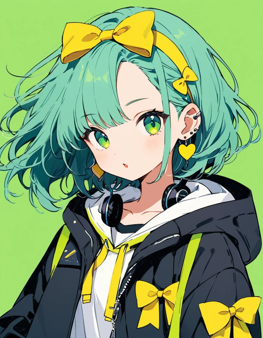 (masterpieces), (best quality), (ultra_detailed), more_details:1.5, perfect, AddNet Weight 1:1.0, Boldline,Weight 1:1.0, masterpiece, best quality, highres, alone, 1girl, solo,


1girl, solo, looking at viewer, simple background, bow, jewelry, closed mouth, green eyes, jacket, upper body, hair bow, hairband, earrings, green hair, hood, from side, looking to the side, aqua hair, hoodie, headphones, piercing, hood down, ear piercing, hooded jacket, forehead, yellow bow, green background, headphones around neck