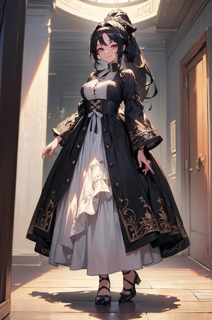 ((((High resolution, Intricate details, masterpiece, 8k)))), (((beautiful, bustle dress))), ((One Woman, full body, Are standing)), (Black Hair, Long Hair, ponytail, slender), from front, looking at viewer, look at viewer, Red cheeks, smile, In town, noon, bright,