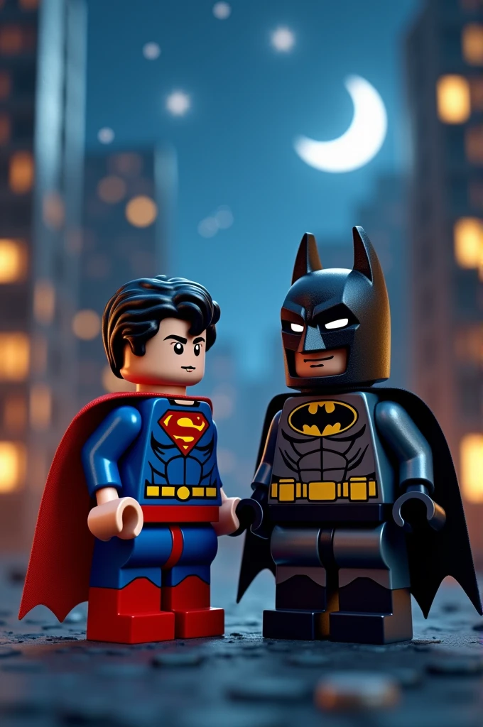 Superman and Batman in lego art, night