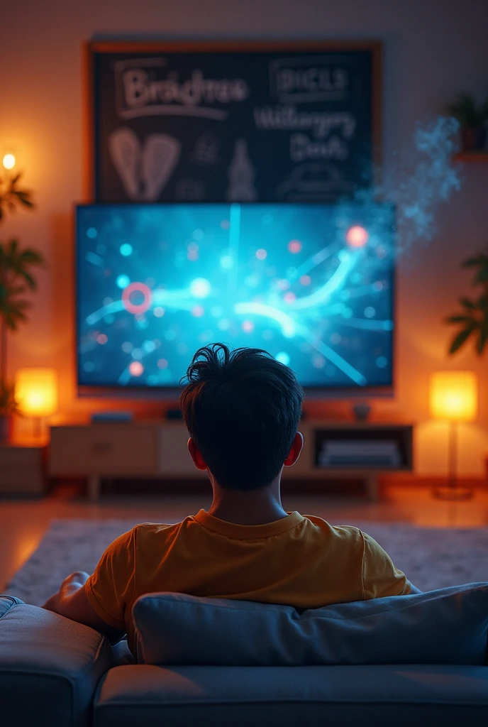 An image that combines the speed of the internet with entertainment and the idea of a "second chance", like a person smiling while watching their TV with a fast connection, with one hand erasing a blackboard representing debt, and a background that symbolizes a new stage or a new beginning.