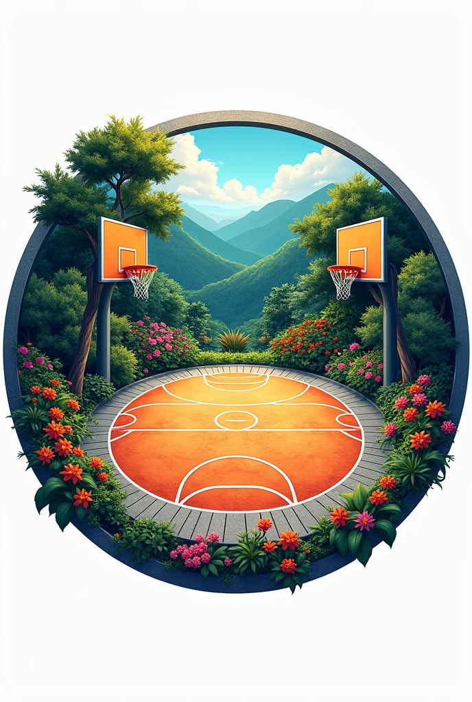 Generate a logo in the shape of a circle of a cement court with basketball boards facing each other, colorful and with vegetation
