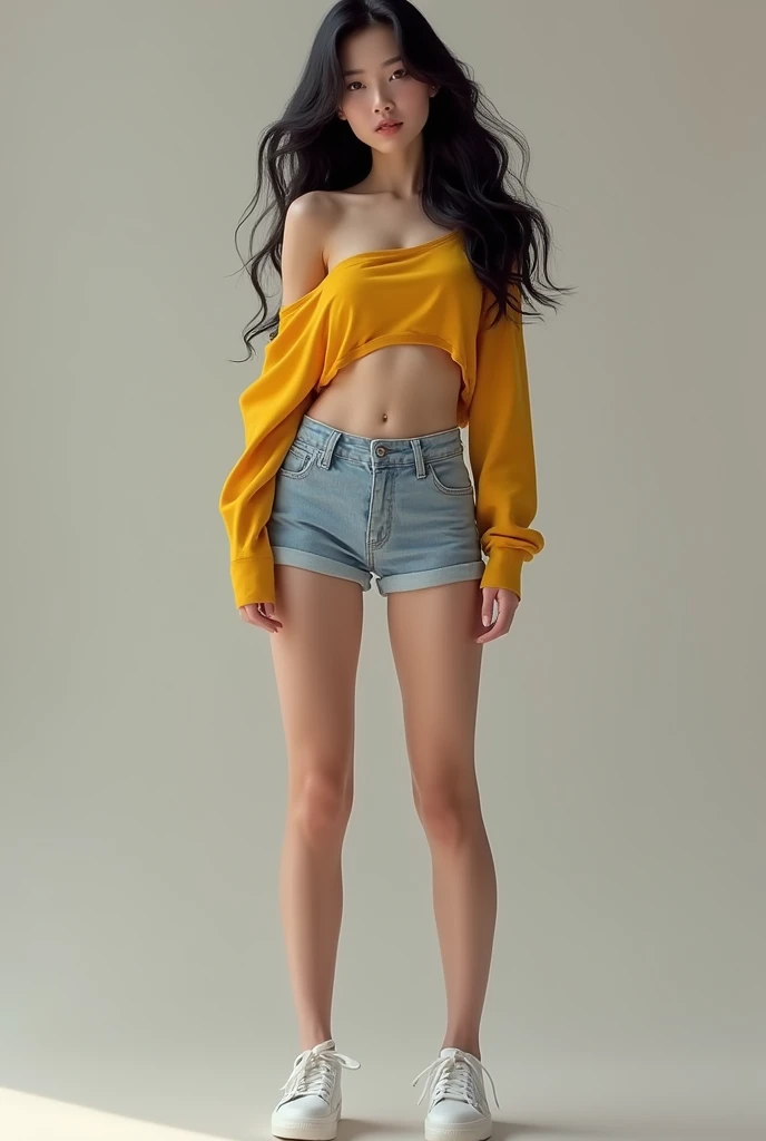 (photorealism:1.2), dark black long hair, 18 years old, cute, beautiful woman, wearing yellow loose off-shoulder crop top, lightblue short shorts, white sneakers, midriff, slim-fit body, Since she is not wearing a bra, her nipples are visible under the clothes. Boldly showing her nipples