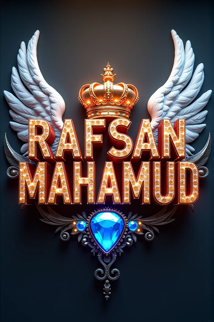 Elegant 3D typography with the name. "RAFSAN MAHAMUD"with an elegant crown and fine diamonds with sparkles of bright colors and angel wings, photo, typography, vibrantv0.1, graffiti, illustration, photo, product, fashion, poster