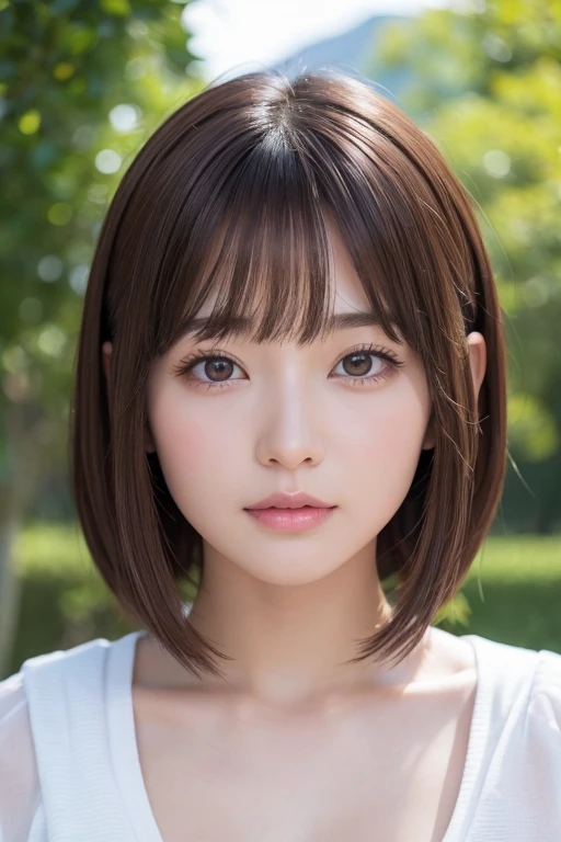 High-quality, ultra-realistic portraits。(She has a long face、It has a long vertical profile)。((The eyes are round at the corners、The corners of the eyes are long and narrow.、The nose is high and well-defined.、The tip is rounded。The lips are sharp both above and below.、The mountain has a clear shape))。The skin is transparent、Has a healthy glow。((Brown Hair:1.6、Less hair volume:1.3))。Makeup is natural、Thinly applied to enhance the skin's natural beauty。The lighting is soft and natural.、Accentuating facial features、Does not emphasize shadows。The background is simple and has a blurred gradient.、Focus on the face。