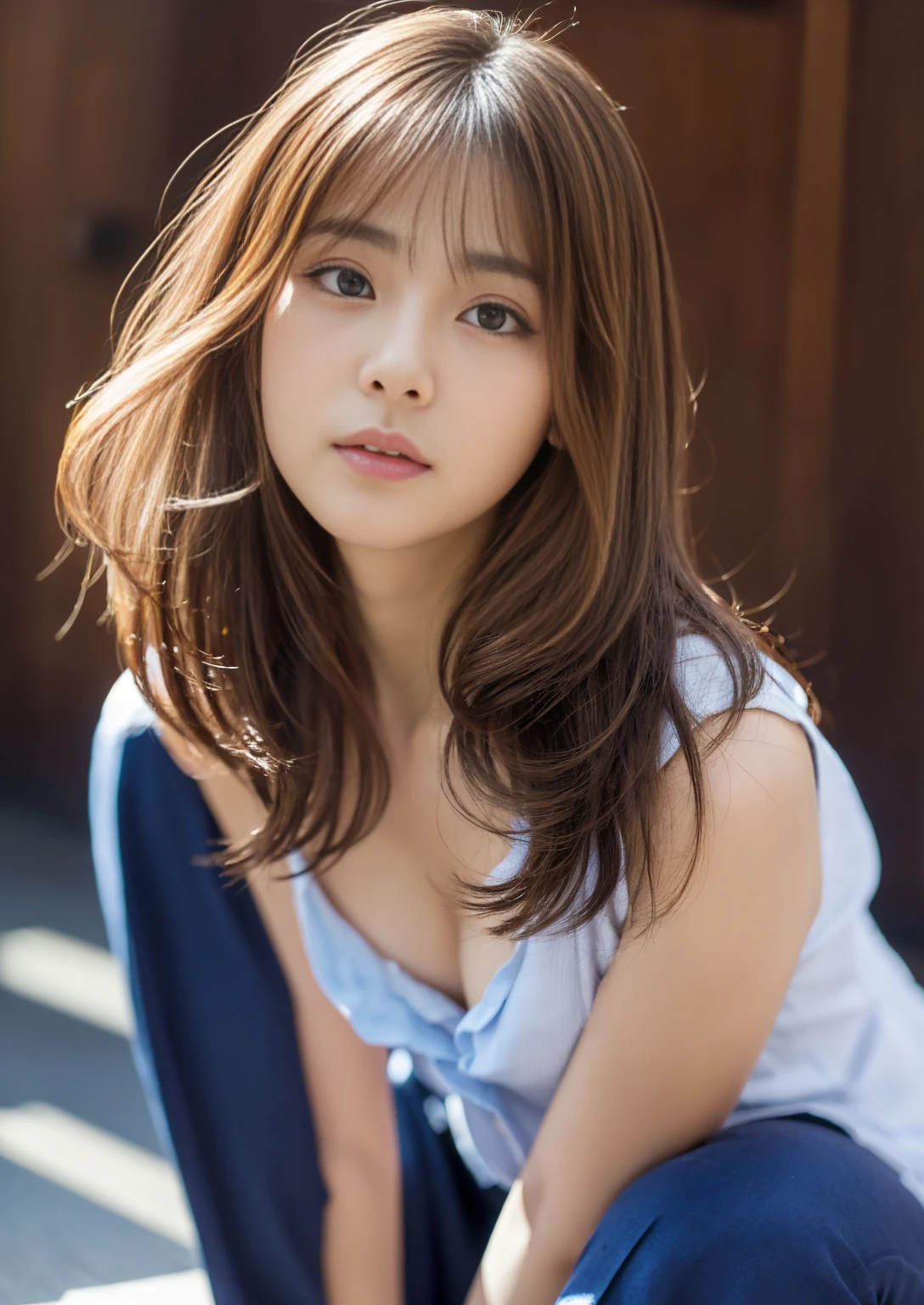 Realistic:1.2,masterpiece,Highest quality，8k,((One Japanese woman)),Half naked，Age 20,Tight waist,String,Perfect Anatomy,Brown Hair, Wavy Hair,Random Hairstyles,Beautiful breasts,((Very detailedな顔と目))(Cute Face:1.4)，Beautiful actress face，Perfect golden ratio face，Open leg pose，Dark blue high socks　Magic Mix Real、(RAW Photos:1.2)、(Realistic:1.4)、The beauty of beautiful details　And a delicate expression、Blonde、((I can see your pants))(Squat panty shot)Earrings　eyelash　Beautiful and delicate eyes、Large file size、Very detailed、Highest Resolution、Transcendental beauty　Highest quality、masterpiece、、(Japanese&#39; High School Uniform))、Very detailed 표현　 grow、In detail、Very detailedな顔のビデオ照明、23-year-old girl、Look straight ahead、((Dynamic pose)))、(Sit with your knees bent))、Pleated skirt、Blazer coat、Sexy upward glance