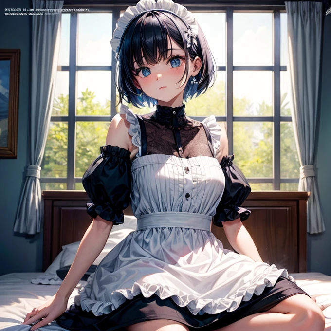 Poster, article, cover, ((poster cover)), ((magazine cover)), masterpiece, Top-class, Spring Dresses, Colored Hair, magazine cover, Upper Body, 1 person, Maid clothes, light blue short hair, Black clothes, Maid clothes, bed, Exposed shoulders, blue eyes, hairpin, whole body, sitting on bed, ((Comb your bangs to the right))), window, sunlight, (Symmetrical eyes) magazine cover, Upper Body