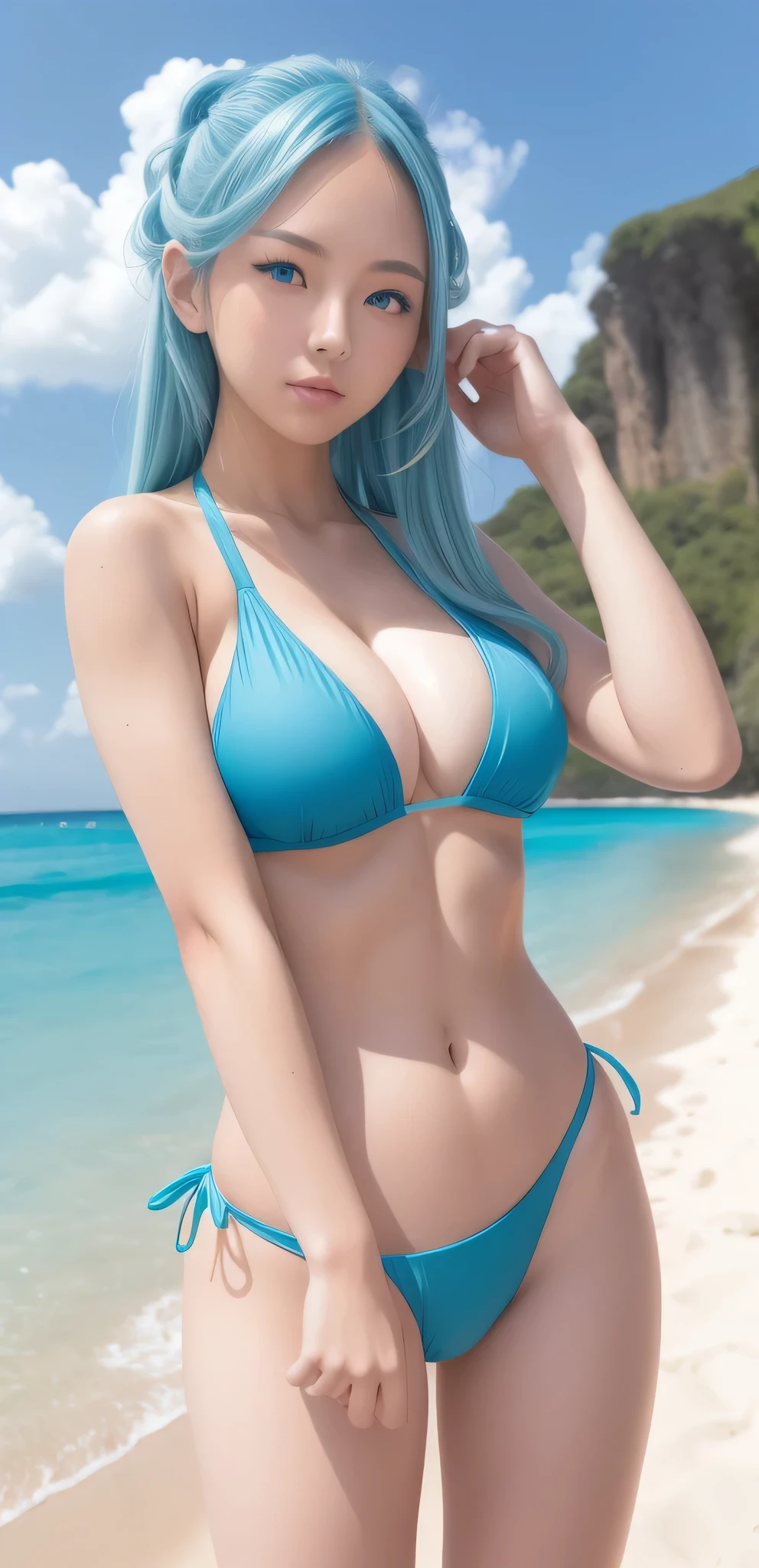Woman with long blue hair, Woman with blue eyes, solo, Bikini anime, Anime Women with Teal Hair, Long Hair Anime Girl, Cool Anime Women, Braid, Half Up Hair, long green hair woman, clothing:Bikini Swimwear, beautiful blue hair woman, Wearing a swimsuit, Flat anime style shading, bikini with an light blue top, bikini with an light blue bottom, Highly rated on Pixiv, Big Breasts, A woman with very large breasts, wearing bikini swimwear, Fascinating Anime Women, Tall Woman, cleavage, Adult sex appeal, whole body, Are standing, Wearing a swimsuit, in a triangle bikini, Woman in swimsuit, wearing bikini swimsuit, Beautiful Anime Women, (Anime Women), Blue bikini woman, Anime art style, Anime Women, Female focus,