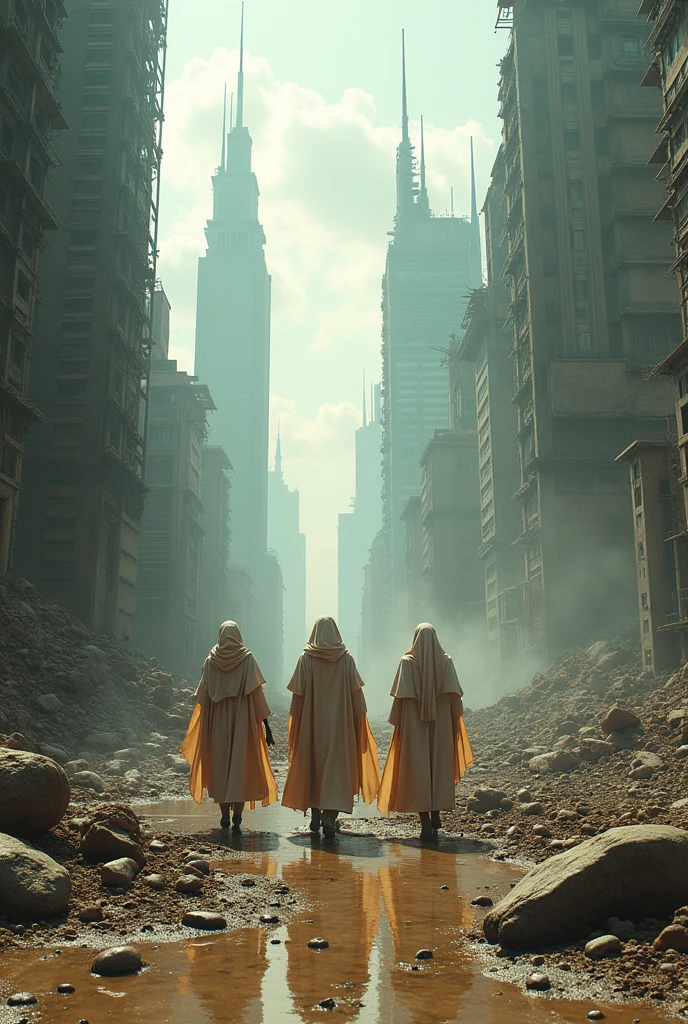 Cyberpunk strange group in dune punk robe and robots microscopic details, apocalyptic future, city destroyed, wide angles cinematic creature in the style professional HD sci-fi horror film production of Moebius, Simon Stålenhag, Kodak Ektar film, 35 mm photography, lighting Professional, deep aesthetic, contemporary art, dream-like surrealism.The movements are fluid and light, ultra detailed, realistic 4K