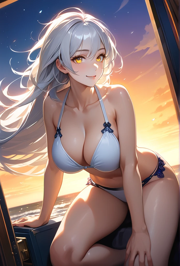 1 girl, golden ship \(Uma Musume\), Uma Musume, silver hair, (safe:1.5), (masterpiece:1.2),(Best Quality:1.2),The newest one, generated by AI, intricate details, (pixiv:1.3), (bishoujo:1.2), beautiful face, Perfect skin, very complex face, Extremely detailed CG unity 8k wallpaper, (Generated AI), (Realism), art station hd, slim figure, particle effects, busty, pretty eyes, (adolescent:1.2), blarky ( Beautiful caucasian woman, very long hair, (platinum white hair:1.4), hair between the eyes, (yellow eyes:1.3), White skin, (big breasts), Highlight the eyes, (age 16 years:1.3), tall woman, expressive face, attractive appearance, attractive face, perfect body), (eyeliner:1.0), BREAK (bikini verde :1.2), (clavicle), (beautiful night sky:1.1), (Sunset, Sunset glow:1.1), sunlight, sparkling, (head to thigh:1.2), ( smile ), messy hair, ultra detailed, illustrations, (Conceptual art:1.1), (looking at the viewer:1.1), (limited tone:1.05), (4k wallpaper:1.05), (cinematic light:1.1), (beautiful detailed eyes:1.2), (all intricate:1.05), (Light rays:1.1), cowboy shot, Chapped lips, charming smile, (seductive position:1.2)
