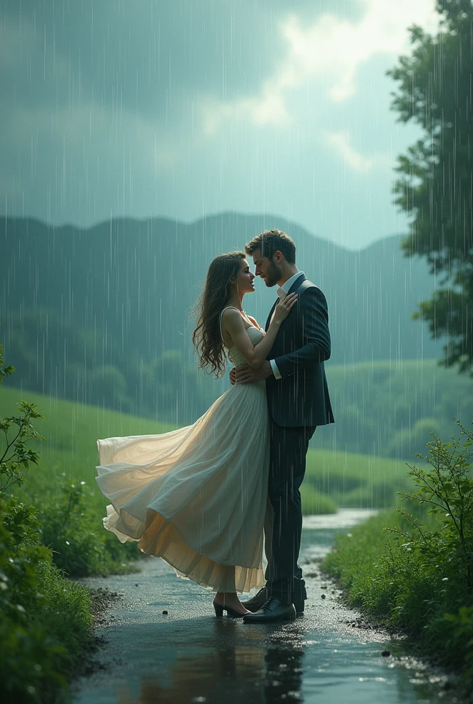 The rain still on a cloudy day in a green and beautiful rural place, add a dancing couple , increase the intensity of the rain, make the falling rain clearly visible