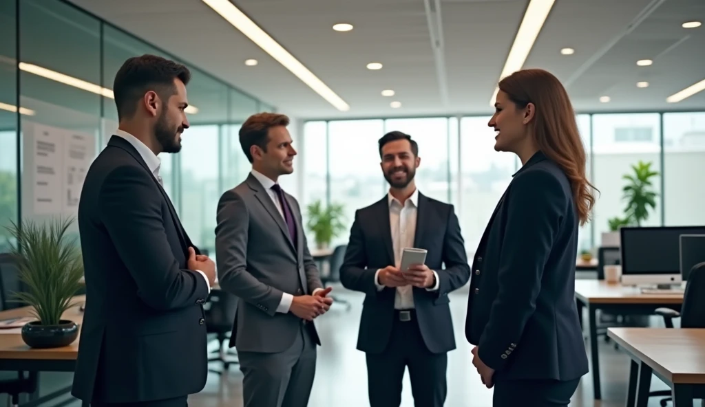 An image was created that some educated people, wearing pants and shirt and tie, working in a very good office, were asking each other some questions.