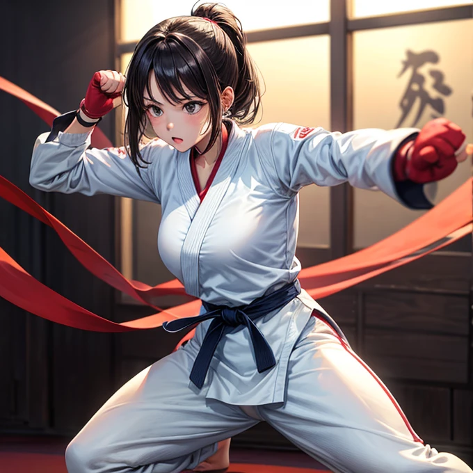 Wearing a bodysuit、Woman doing karate
