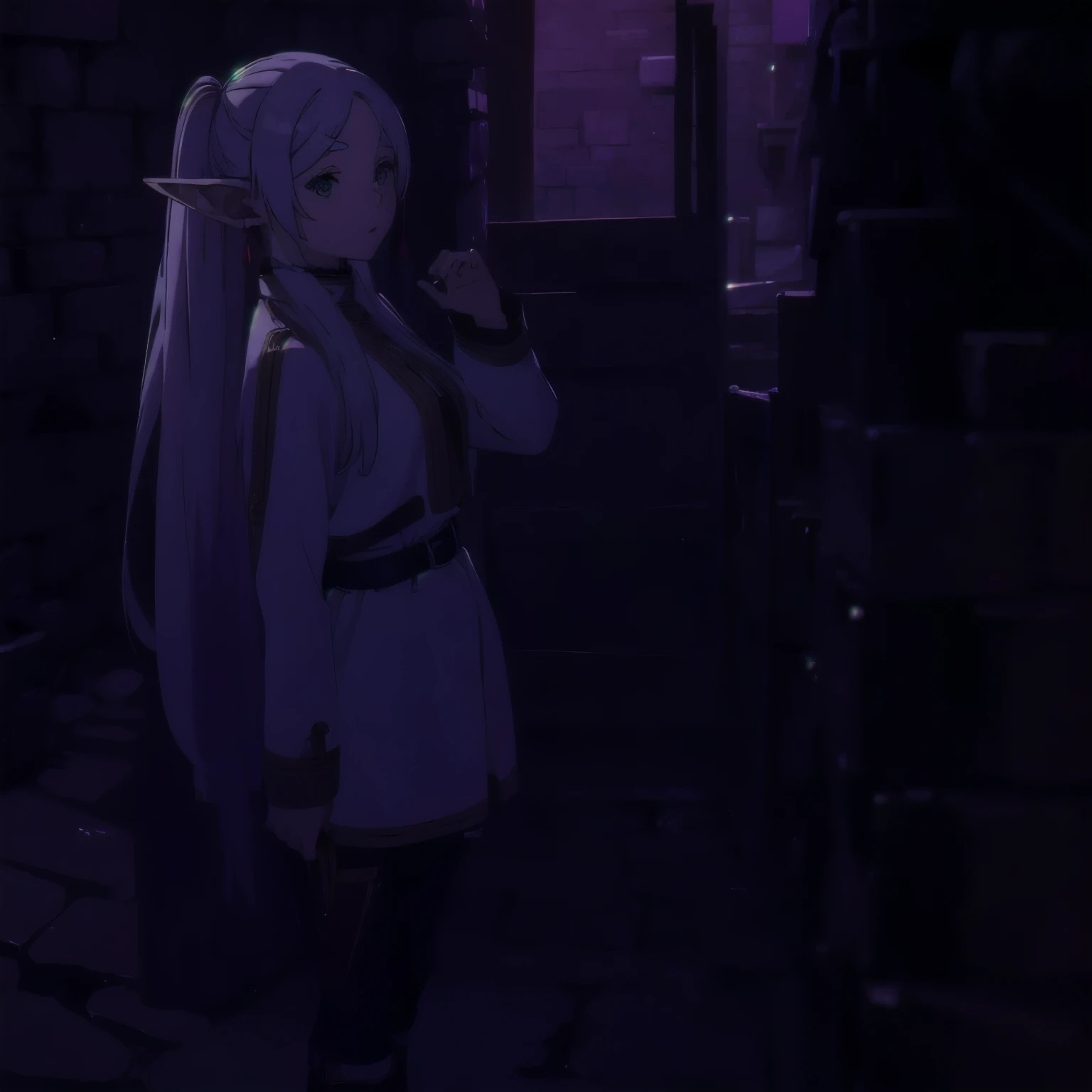 1girl, Frieren, (masterpiece:1.3), sexy pose, completely in the frame, sexy, (high resolution), (extremely detailed),perfect face, nice eyes and face, (best quality), (super detailed), detailed face and eyes, (solo), textured skin, absurdres, highres, wz_sousou_no_frieren_style, wz_sousou_no_frieren_style, twintails, very long hair, silver hair, pointy ears, elf, green eyes, earrings, belt, white sleeves, pov, selfie, butterfly, grass, stone street