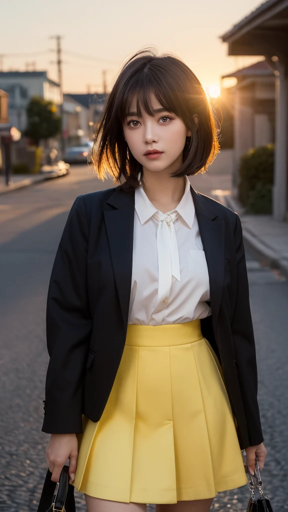 One person, Intricate details, masterpiece, Highest quality, Very detailed,Cinema Lighting, Beautiful sparkle, Beautifully detailed face and eyes, 8k, Dark intense shadows, Yellow Eyes, Medium Hair, Black Hair, bangs, Floating Hair, Black jacket, Open jacket, White shirt, Expressionless, Yellow tie, Black Skirt, Spotlight, sunlight, sunrise, Gradient Sky, city, Lens flare, Cowboy Shot, [[Curvy]], [Mature Woman]