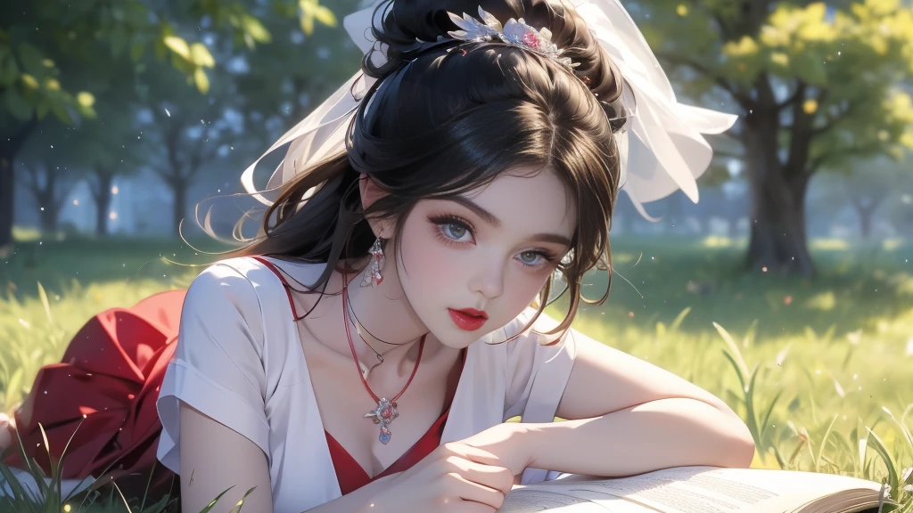 Under the warmth of a sunny tree's shade, a stunning mature woman was lying on her stomach on the lush green grass, book open in front of her. Her long black hair cascades down, partially obscuring the pages as she reads, exposing most of her chest adorned with a beautiful necklace and bracelets. Her red phoenix eyes sparkle, paired with bold red lips and subtle purple eyeshadow. The camera captures her provocative pose, raising her buttocks and slender legs to reveal her white jade-like toes and soles, adorned with a gemstone necklace. Her pleated blue skirt falls around her thighs, showcasing her school uniform-inspired attire, complete with a sailor collar and short sleeves. The background is blurred, focusing attention on the woman's striking features and provocative pose.three mature woman,A double ponytail,A mature female hairstyle,