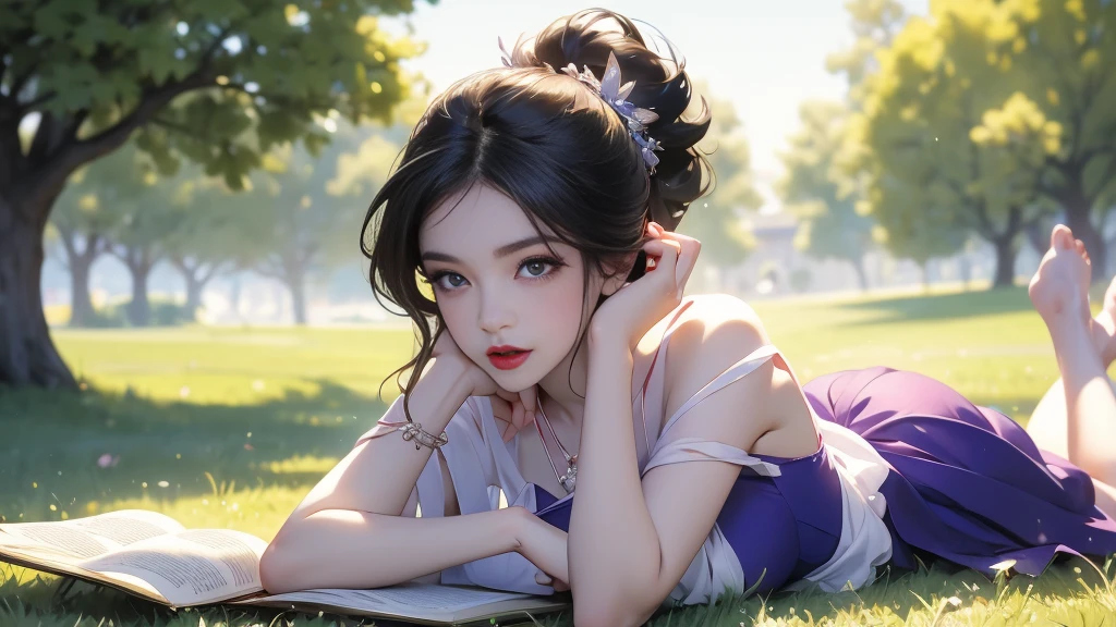 Under the warmth of a sunny tree's shade, a stunning mature woman was lying on her stomach on the lush green grass, book open in front of her. Her long black hair cascades down, partially obscuring the pages as she reads, exposing most of her chest adorned with a beautiful necklace and bracelets. Her red phoenix eyes sparkle, paired with bold red lips and subtle purple eyeshadow. The camera captures her provocative pose, raising her buttocks and slender legs to reveal her white jade-like toes and soles, adorned with a gemstone necklace. Her pleated blue skirt falls around her thighs, showcasing her school uniform-inspired attire, complete with a sailor collar and short sleeves. The background is blurred, focusing attention on the woman's striking features and provocative pose.three mature woman,A double ponytail,A mature female hairstyle,