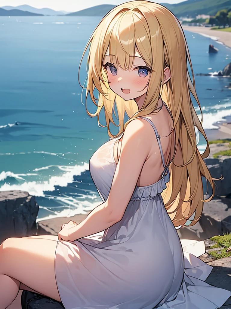 (Masterpiece, Top quality:1.5), nsfw, from side:1.2, (1 beautiful girl, solo:1.2), sitting, (Blonde:1.3), medium Hair, wavy Hair, asymmetry bangs, swept bangs, airy hair, large breasts:1.2, 14 year old, (sundress:1.3), smile:1.3, blush, beautiful scene of seaside, magnificent panorama view, blurry background ,open mouth
