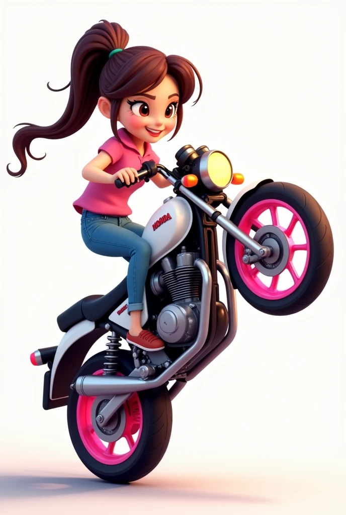 cartoon charming penelope wheelieing a white honda cbx 250 twister with pink rims, the photo has to be in profile