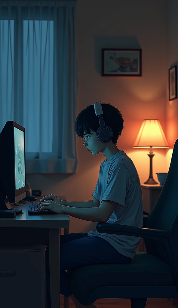 night、Listen to music in a cozy room, Using headphones, 2D-style animation, Lo-Fi, hard disk, Dark Environment、Makoto Shinkai's anime style