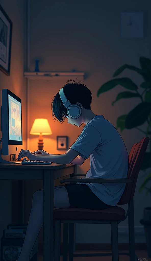 night、Listen to music in a cozy room, Using headphones, 2D-style animation, Lo-Fi, hard disk, Dark Environment、Makoto Shinkai's anime style