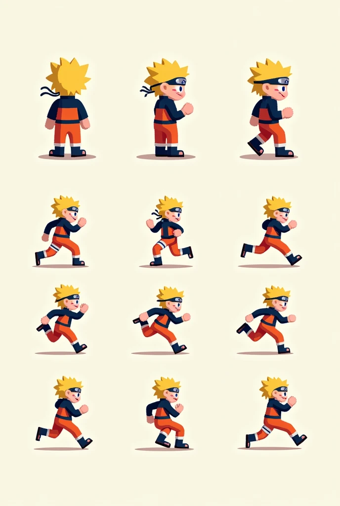 create sprites em pixel art of the naruto character, 4 poses front, back, left and right, 2 poses running to each side of these 4 poses