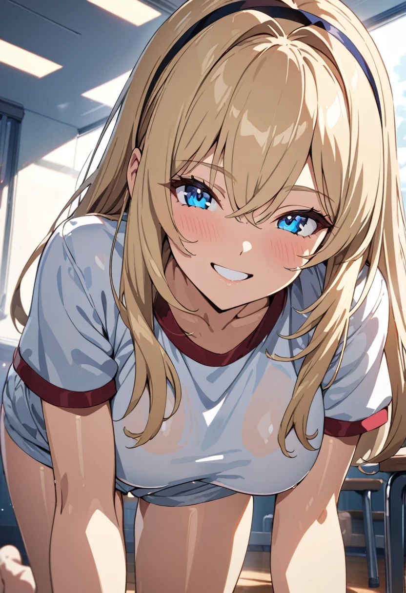 masterpiece, best quality, high quality, detailed, ultra detailed, hyper detailed, insanely detailed, exquisite, beautiful, FHD, Full-HD, 4K, 8K, highres, absurdres, female, happy, smiling, on all fours, looking at viewer, straight hair, shiny hair, blonde, blue eyes, tall, beautiful breasts, leggy, toned body, gym uniform, undone clothing, hairband, in the classroom, in the afternoon, cel anime, headshot, from front