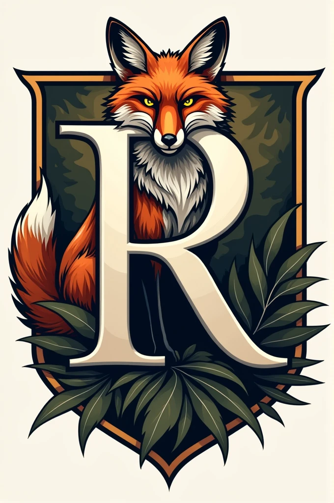 Generate me an emblem with the letter R with the fox animal in the background