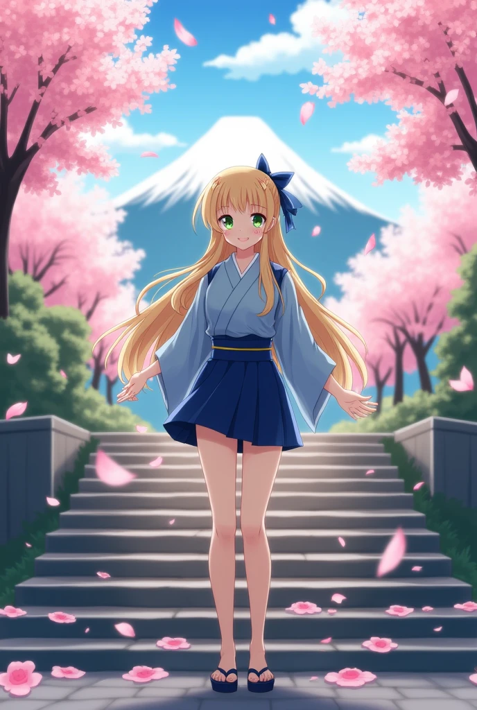 (((masterpiece: 1,5, best quality, high resolution, Super Resolution, Extremely detailed: 1,2, Rich background: 1,4))), (close up), (1 Girl), Solitary, Green Eyes, blonde long hair tied with blue Ribbon, Hair accessories, Bangs, Smile, High school girl, Medium breasts, ((Hands in the air)), Japanese clothes, (Blue short kimono), sandals, Ribbon, Heart, ((outdoor)), Cherry blossoms, (The Conservatives are ready), Stone steps, Sky (afternoon), Cherry blossomss fall, ((Dramatic lighting: 1,3)), cloudy, (The scenery behind Mount Fuji)