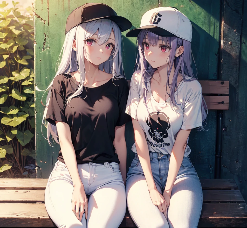 (Close-up:1.3),Realistic,Highest quality, Super detailed, High-quality CG rendering, The most delicate and beautiful, Floating softly, High resolution, (1 person), (Highest quality,4K,8k,masterpiece:1.2), Light purple hair,(Long Hair:1.5),Red eyes,(Black short sleeve T-shirt:1.4),(Pure white skinny jeans:1.4),(Pure white baseball cap:1.3),In the city,old buildings,Narrow Alley,(Sitting on a bench:1.3),sweating,Troubled face